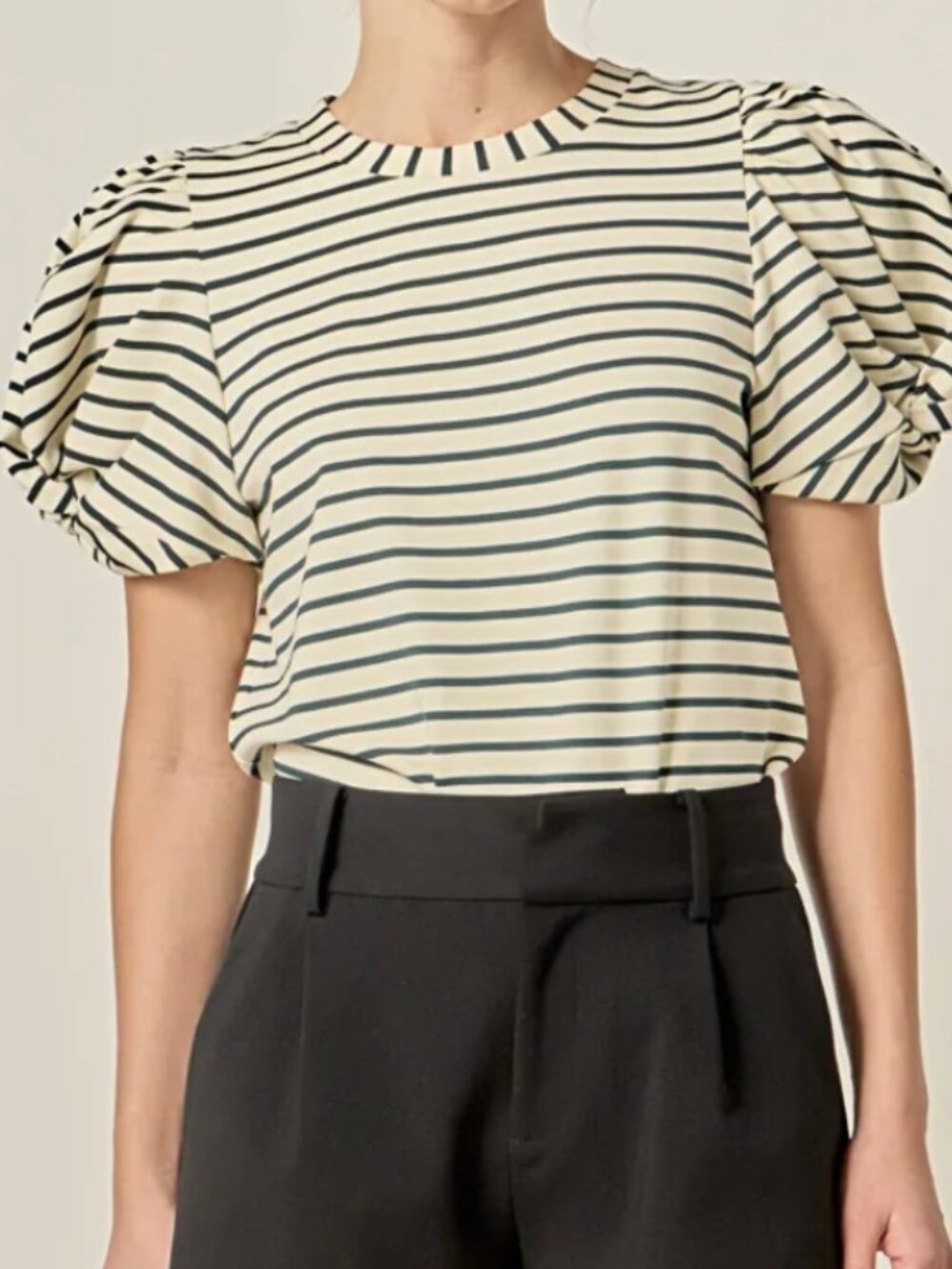NWT English Factory Striped Puff Sleeve Knit Top Ivory/Green Sz L
